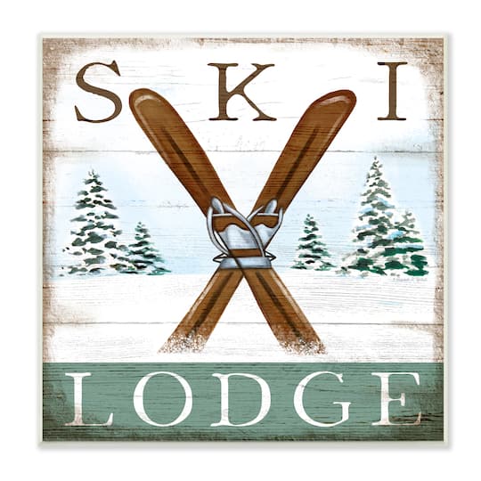 Stupell Industries Ski Lodge Rustic Cabin Sign Snowy Tree Forest,12" x 12"
